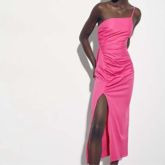 NWT ZARA Pink Linen Asymmetrical One Shoulder Midi Dress Sz M - Picture 2 of 10